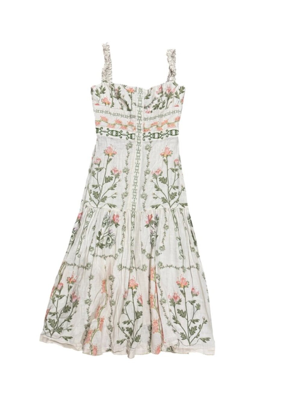 Agua Bendita Cream Floral Midi Dress with Pink & Green Botanicals - Picture 3 of 14
